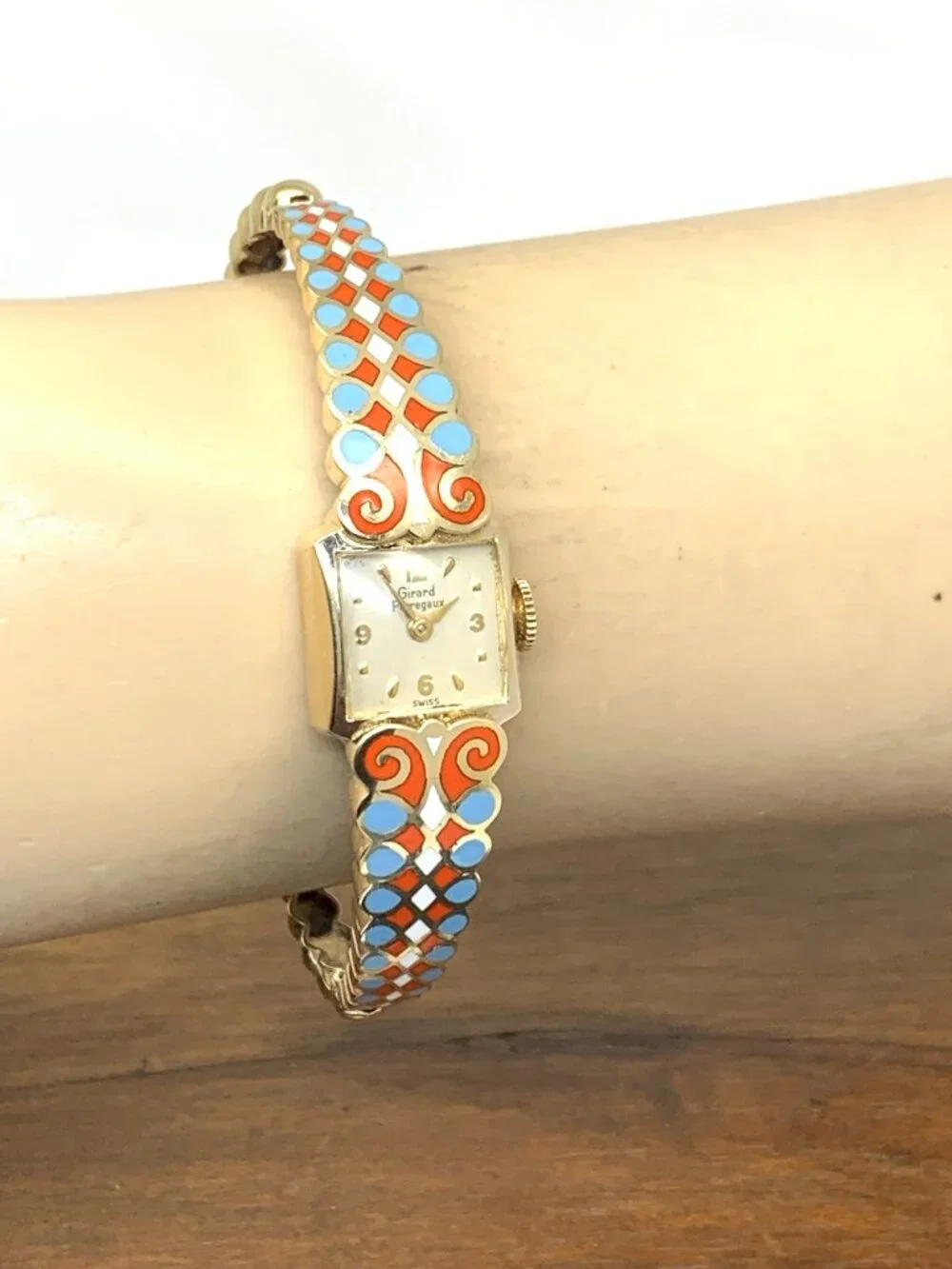 Girard Perregaux Women's Watch Vintage 14k Yellow Gold Swiss Manual Enamel Cuff